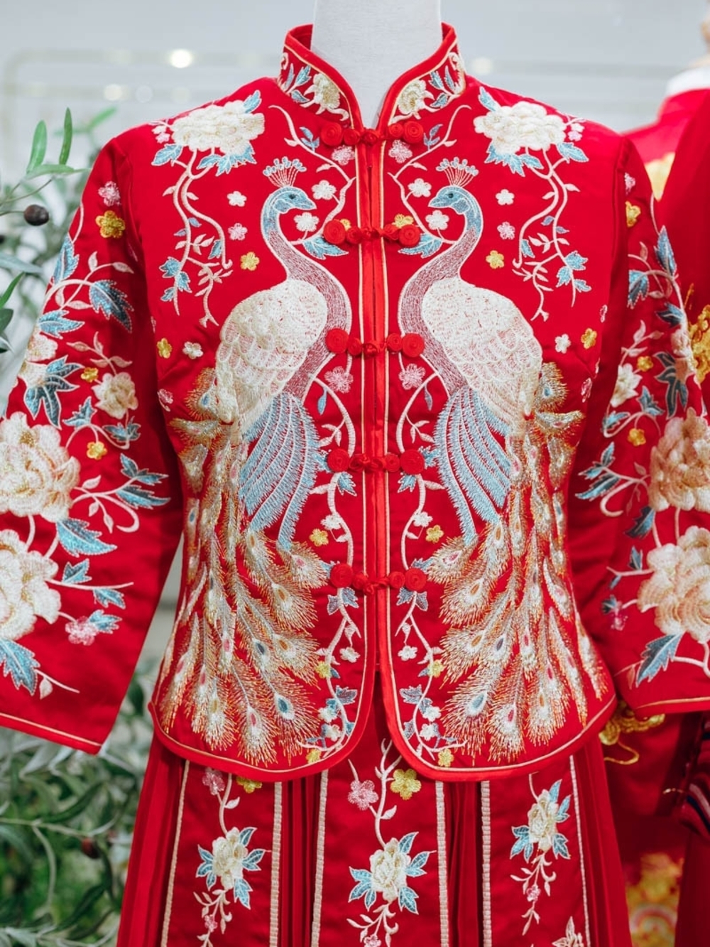 Red Embroidered Peacock Mandarin Jacket Set